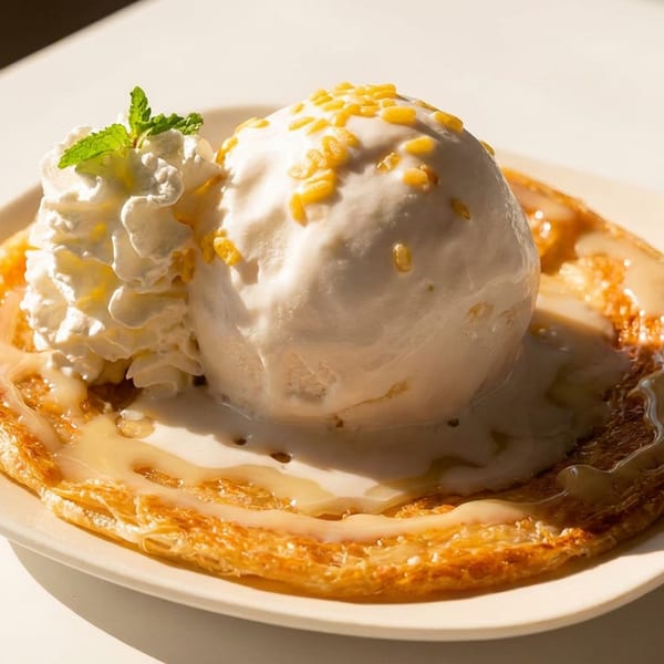 Crispy roti with vanilla ice cream, whipped cream, condensed milk, and a mint sprig.