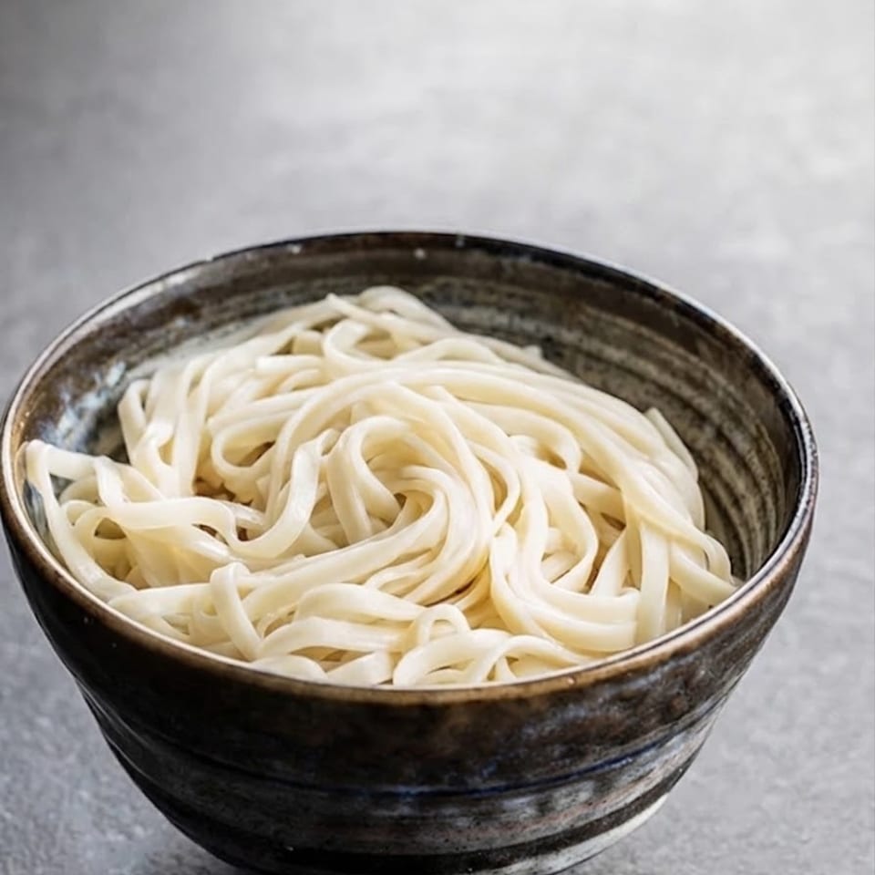 Bowl of plain thick white noodles on a dark ceramic dish against a gray tabletop.
