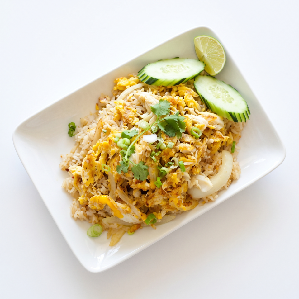 Crab fried rice with scrambled egg, cilantro, green onions, cucumber slices, and a lime wedge.