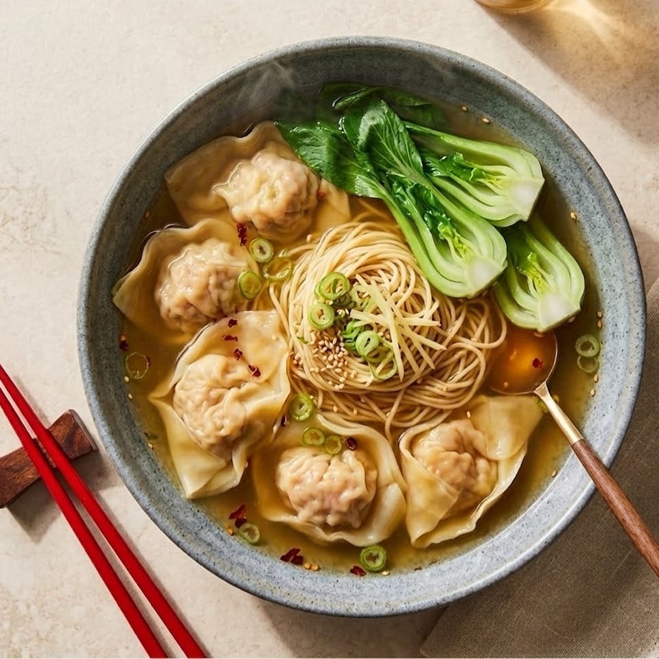 Overhead bowl of wonton noodle soup with bok choy, scallions, sesame seeds, and chili flakes, served with red chopsticks.