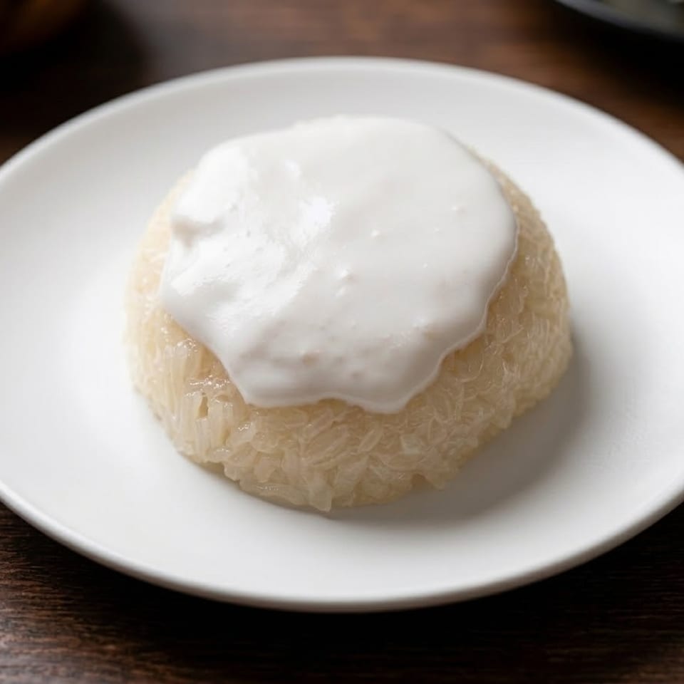 Round steamed rice cake topped with creamy white sauce, served on a white plate over a dark wooden table.