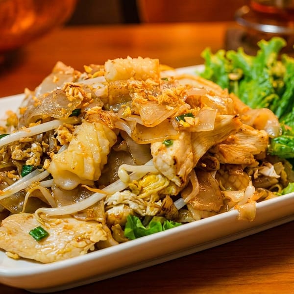 Close-up of Pad See Ew with chicken, wide noodles, egg, bean sprouts, and lettuce.