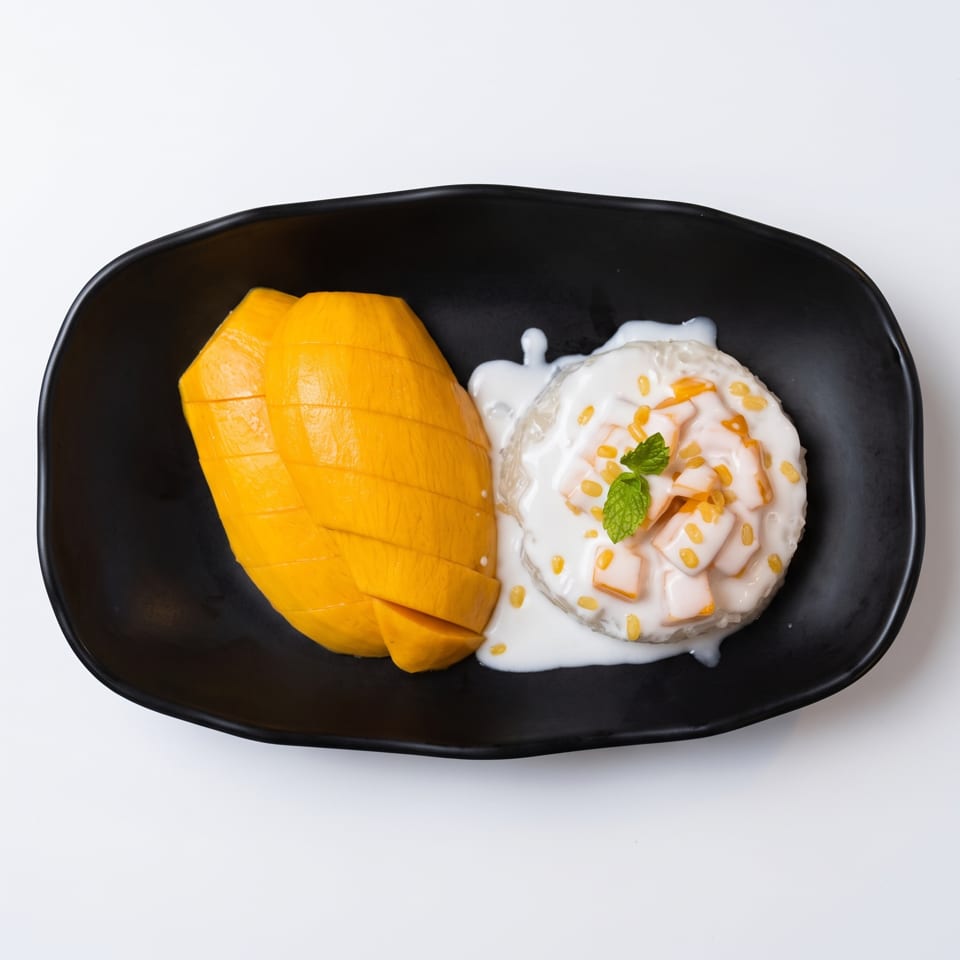 Mango sticky rice with coconut milk, topped with mung beans and a mint leaf, on a black plate.