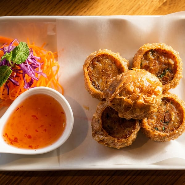 Fried crab rolls with sweet chili sauce and a side of shredded carrots and cabbage.
