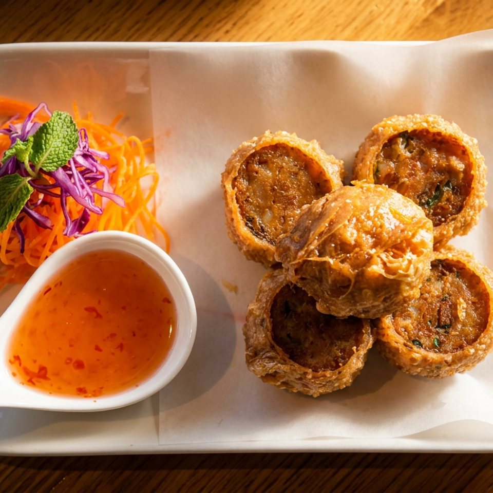 Fried crab rolls with sweet chili sauce and a side of shredded carrots and cabbage.