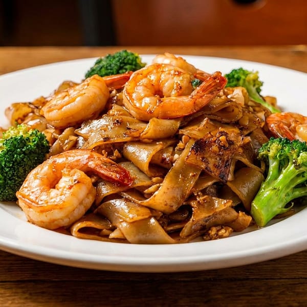 Pad See Ew with shrimp and broccoli on a white plate, on a wooden table.