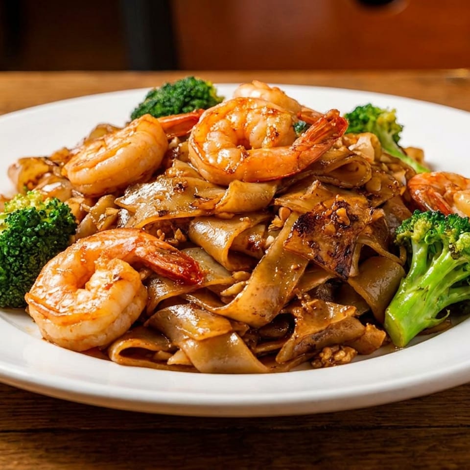 Pad See Ew with shrimp and broccoli on a white plate, on a wooden table.